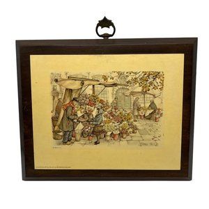 Anton Pieck Print Flower Stand Vintage 1970 Wood Mounted Donald Art Wall Hanging